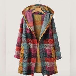 NWOT women's Shein Colorful and Cozy Plaid Long Hooded Sweater Jacket w/ pockets